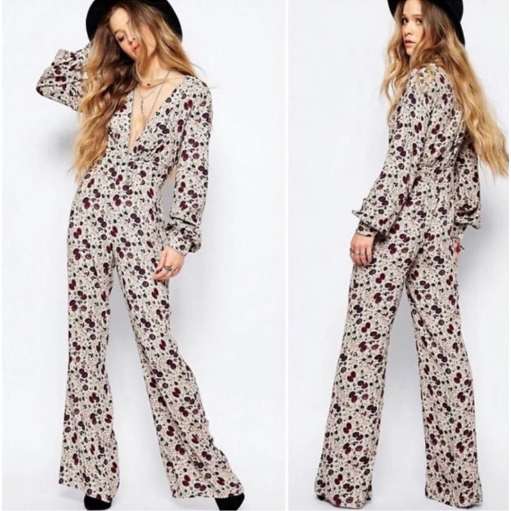 Free People Some Like It Hot ,Purple and White Jumpsuit with Plunging V-Neckline